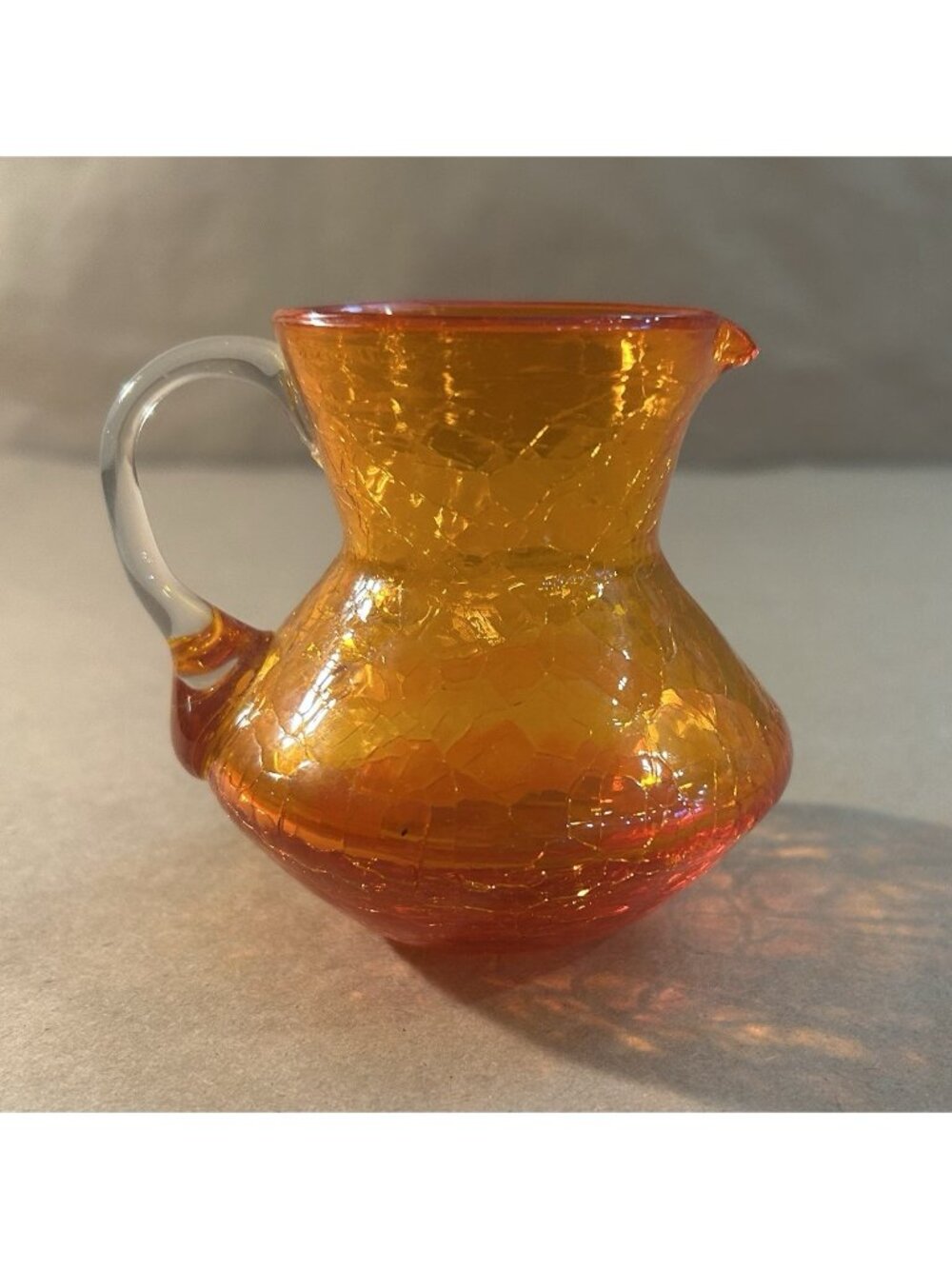 Vintage Handblown Tangerine Orange Glass Small Pitcher/Creamer Clear Handle 3.5"